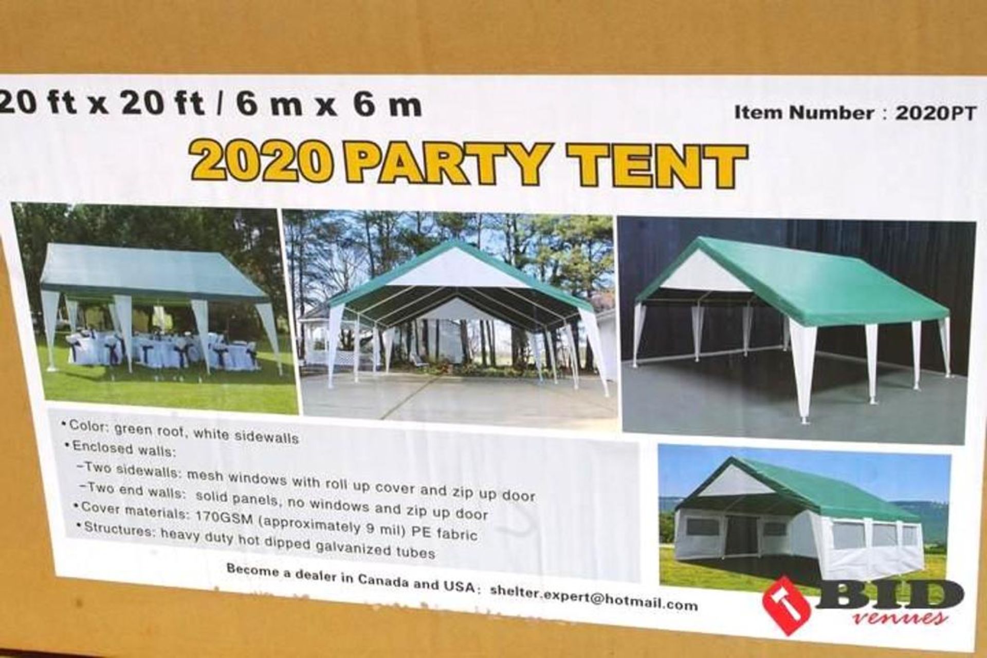 NEW 20' x 20' Party Tent, Green Roof w/ White Sidewalls, Windows & Zip Doors - Image 2 of 5