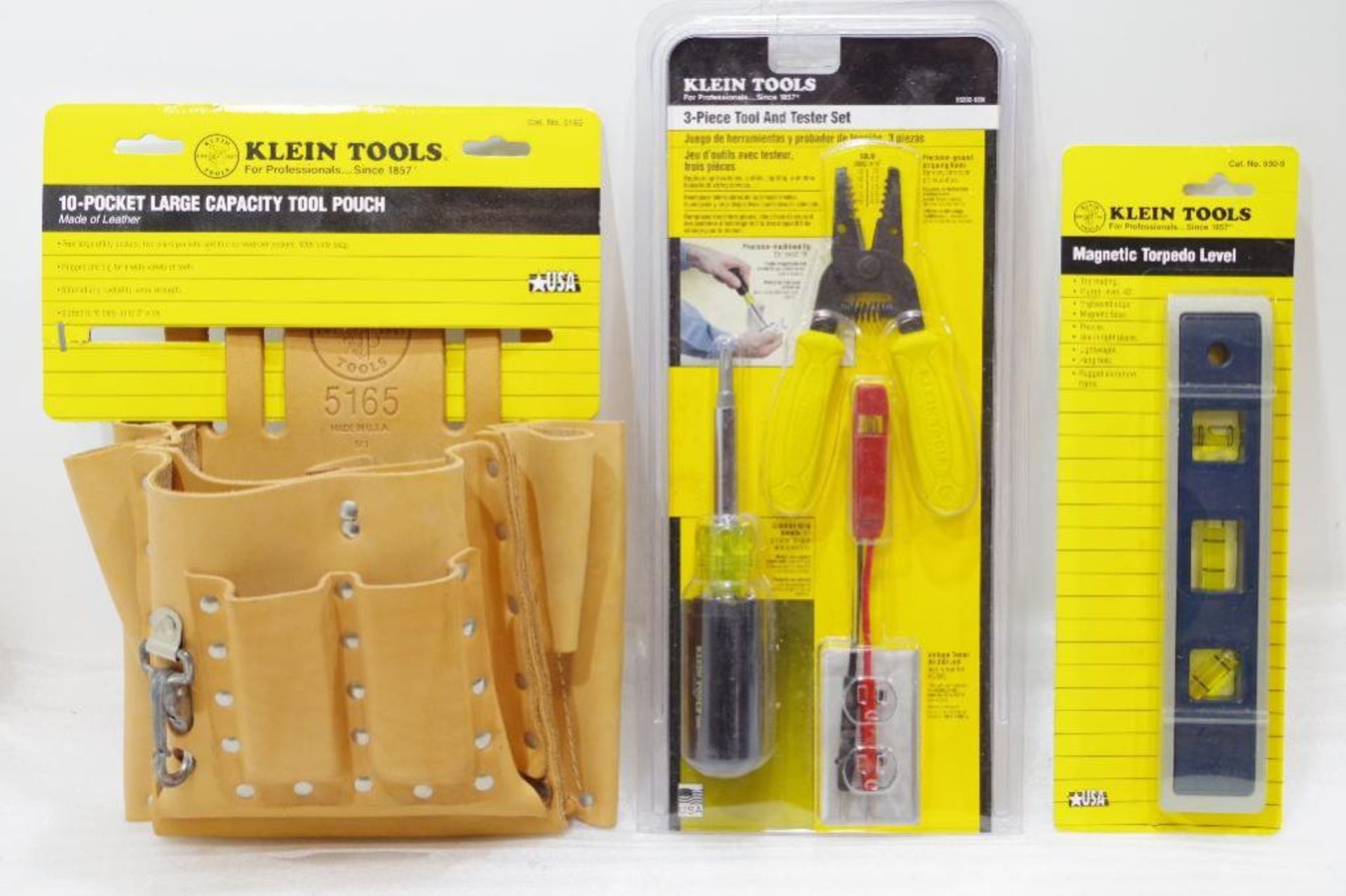 (3) NEW KLEIN Electrical Tools: (1) Magnetic Torpedo Level, (1) Tool Pouch, (1) Tool & Tester Set