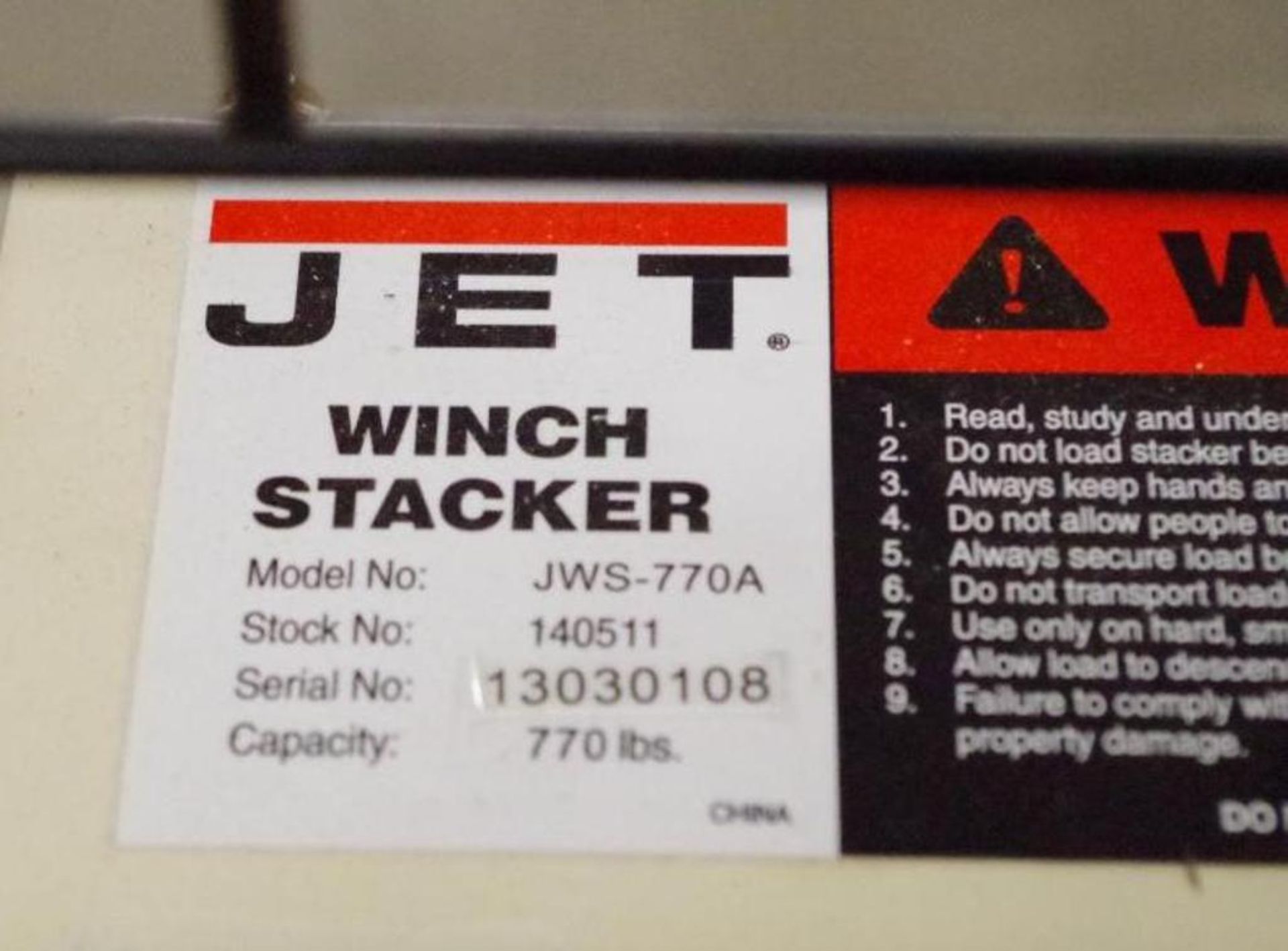 JET Winch Stacker, 770Lb. Capacity, M/N JWS-770A (Paint abrasion - see pics) - Image 2 of 7