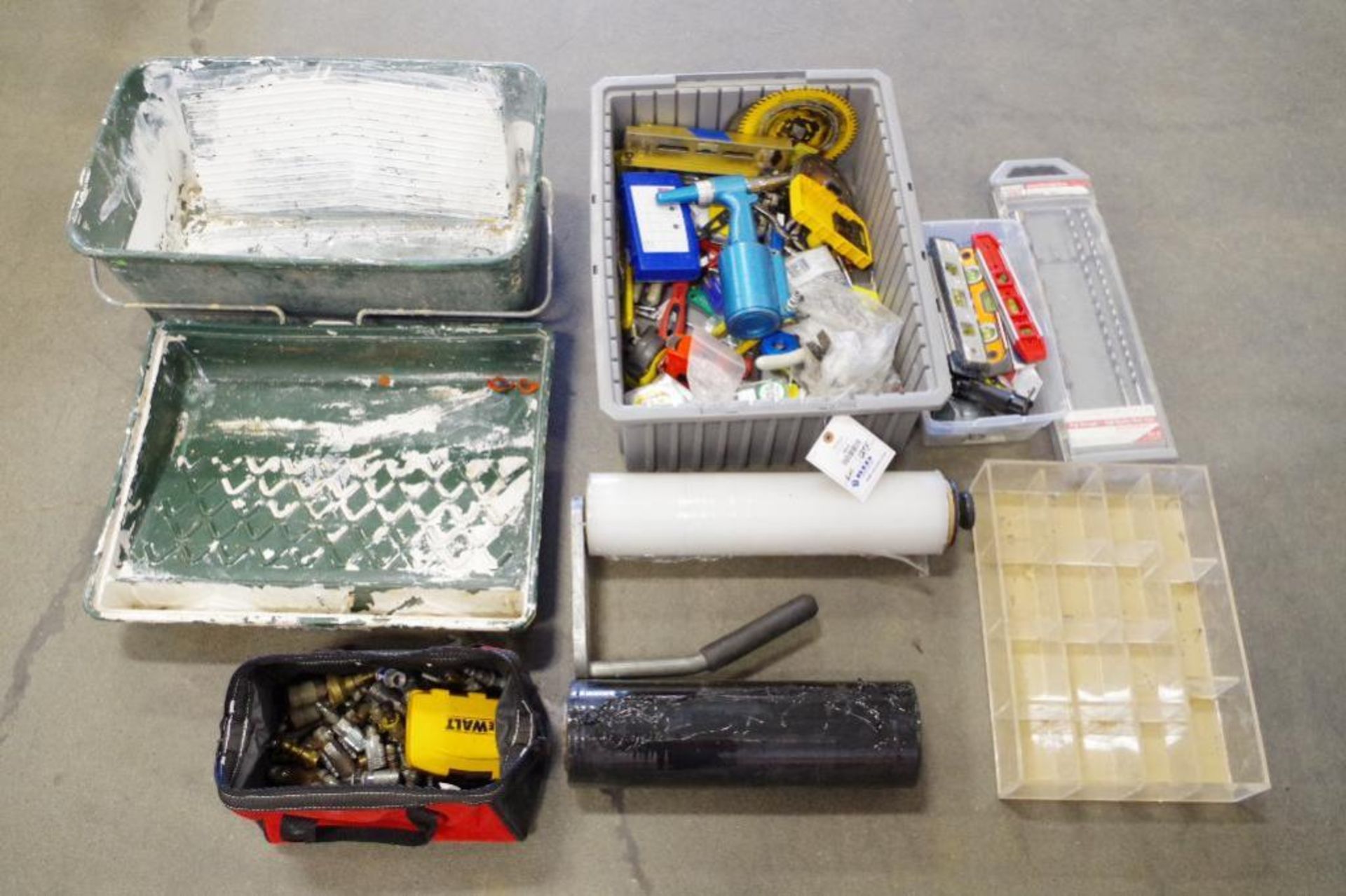 (QTY) Misc. Materials: Stretch Wrap/Dispenser, Levels, Tape Measures, Couplings/Fittings & More