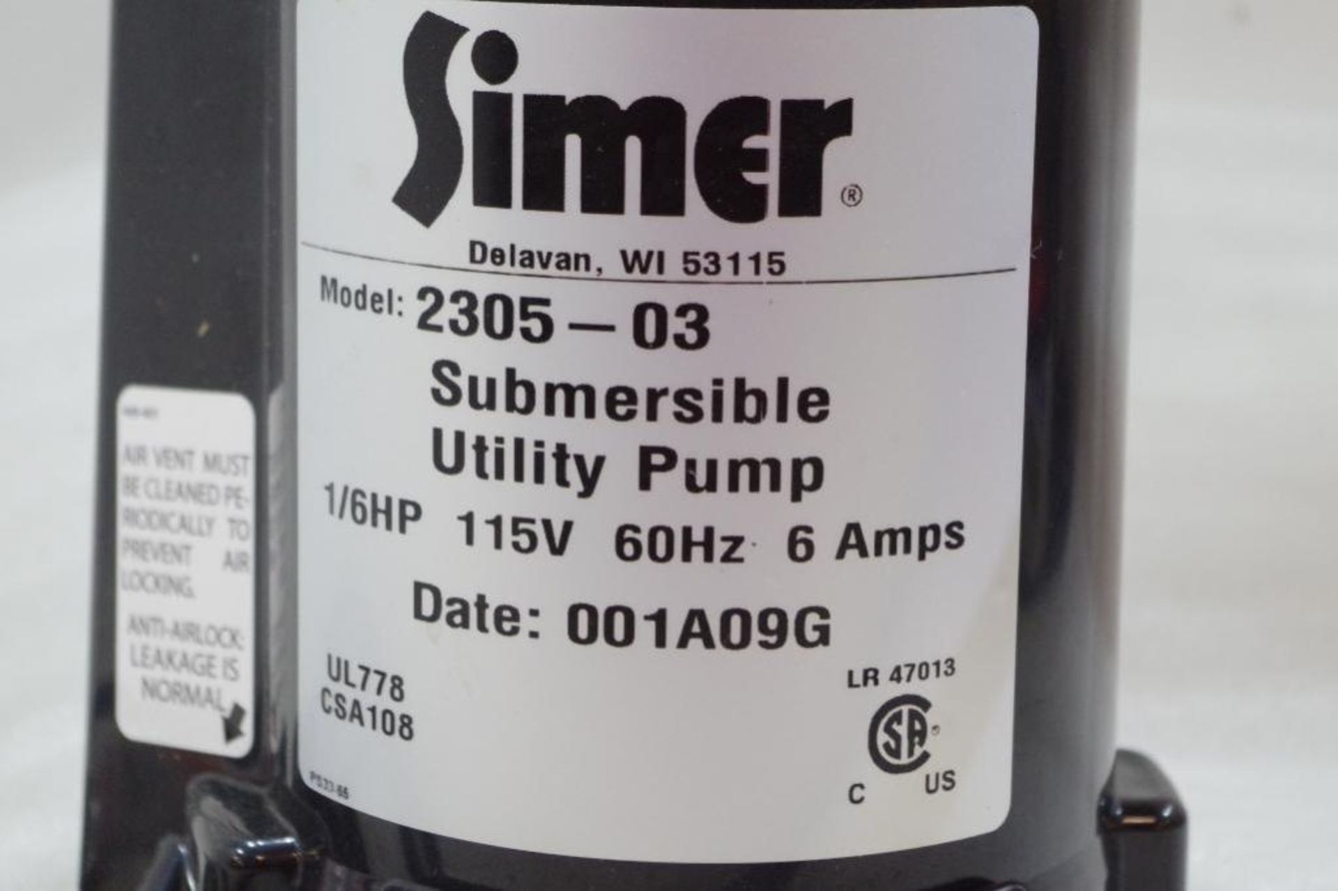 SIMER Portable/Submersible 115V Utility Pump 1/6 HP, M/N 2305-03 - Image 2 of 4