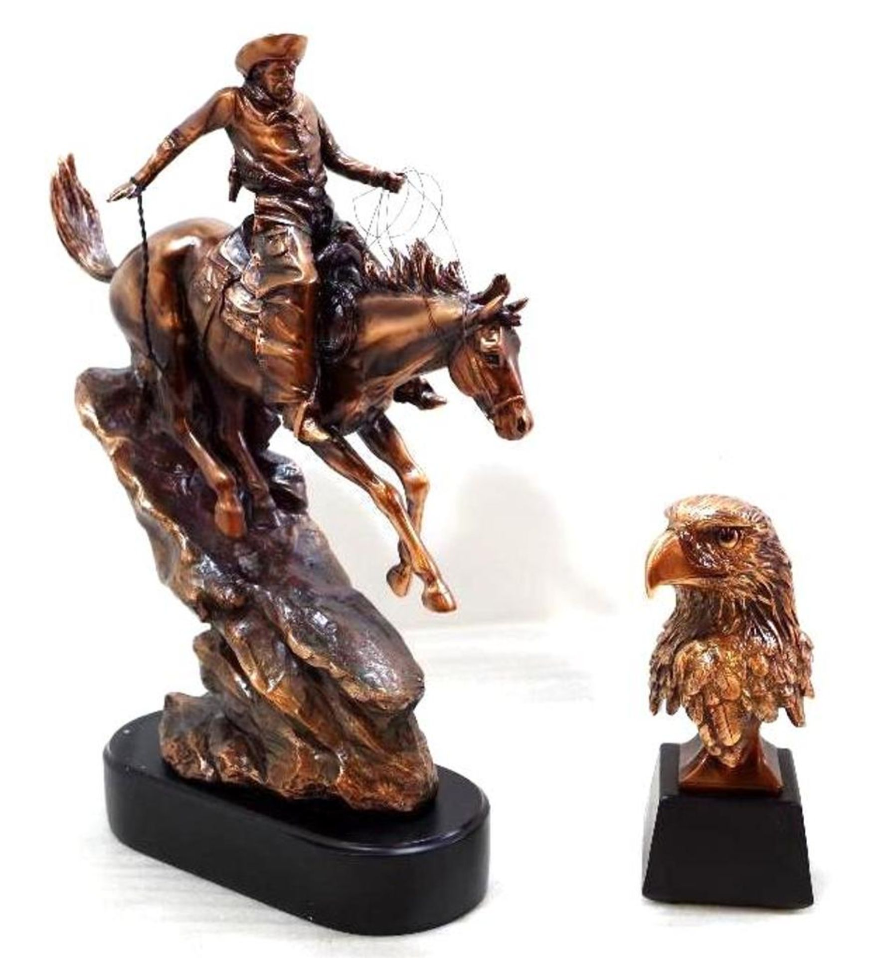 (2) Desktop Bronze Electroplated Sculptures: American Cowboy Approx. 16" & American Eagle Approx. 6"