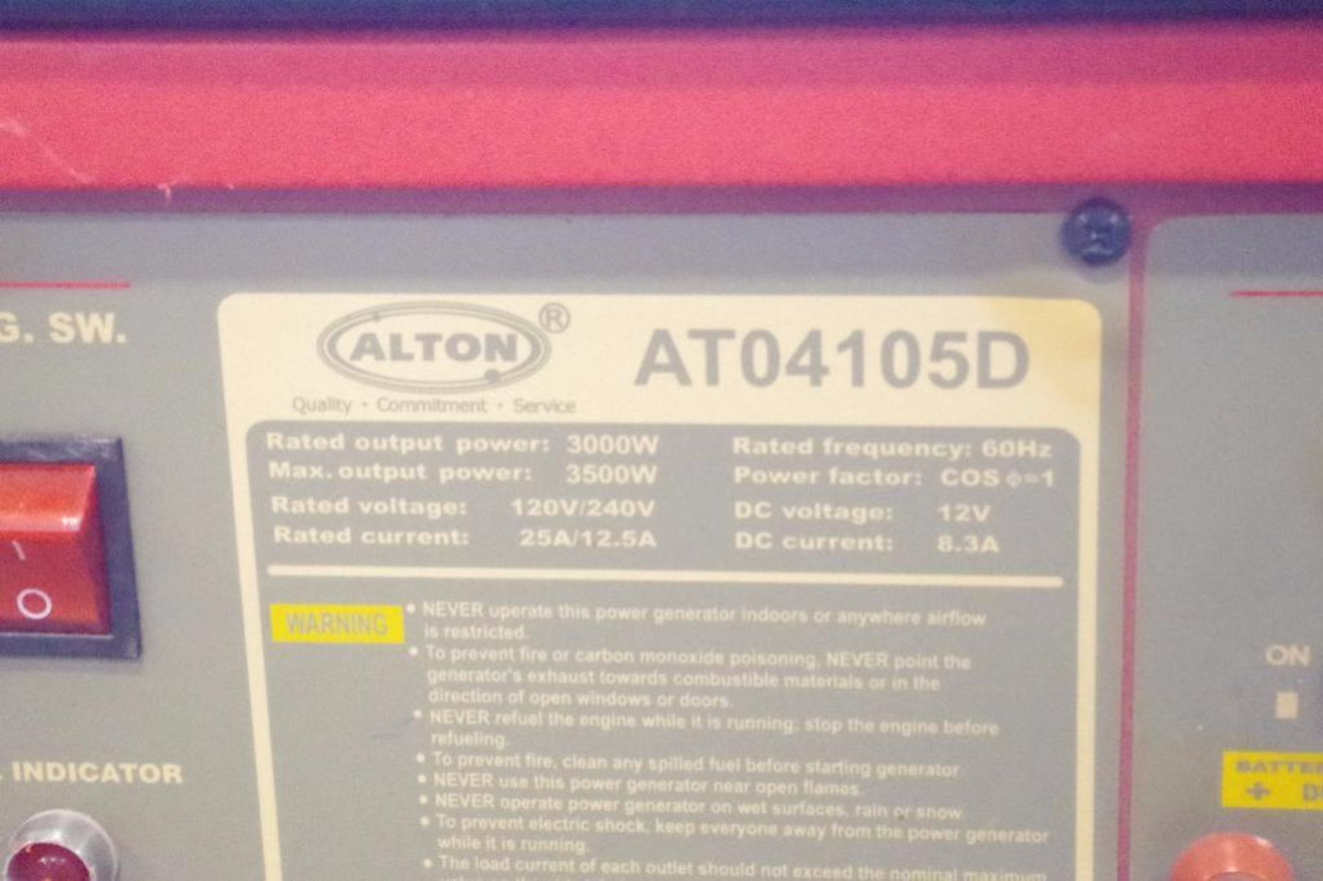 ALTON 3000W Generator 120/140V, 25A/12.4A M/N AT04105D (Engine Started) - Image 2 of 3