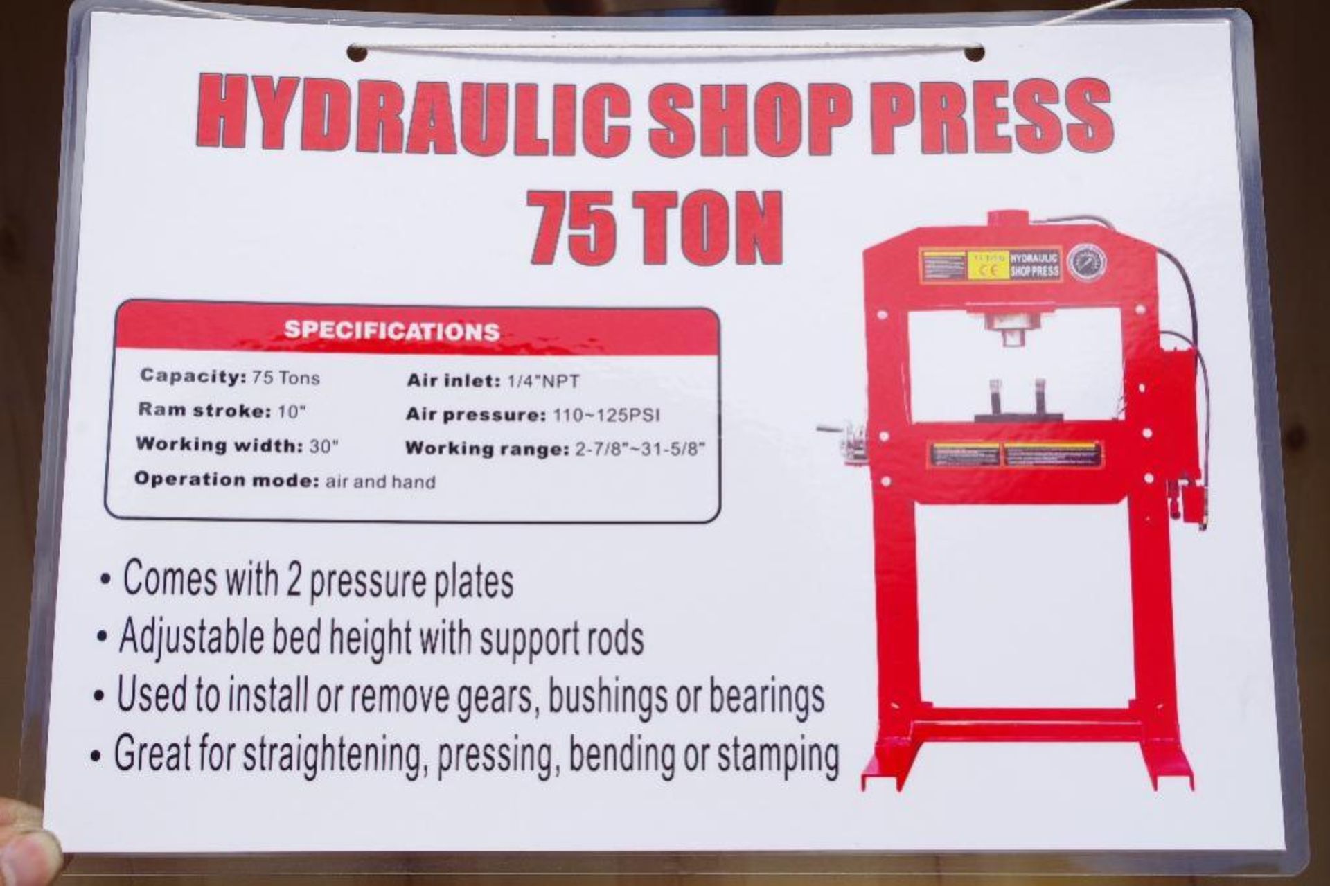 AMOEL 75-Ton Hydraulic Shop Press, Hand & Air w/ 10" Ram Stroke & 30" Working Width - Image 7 of 8