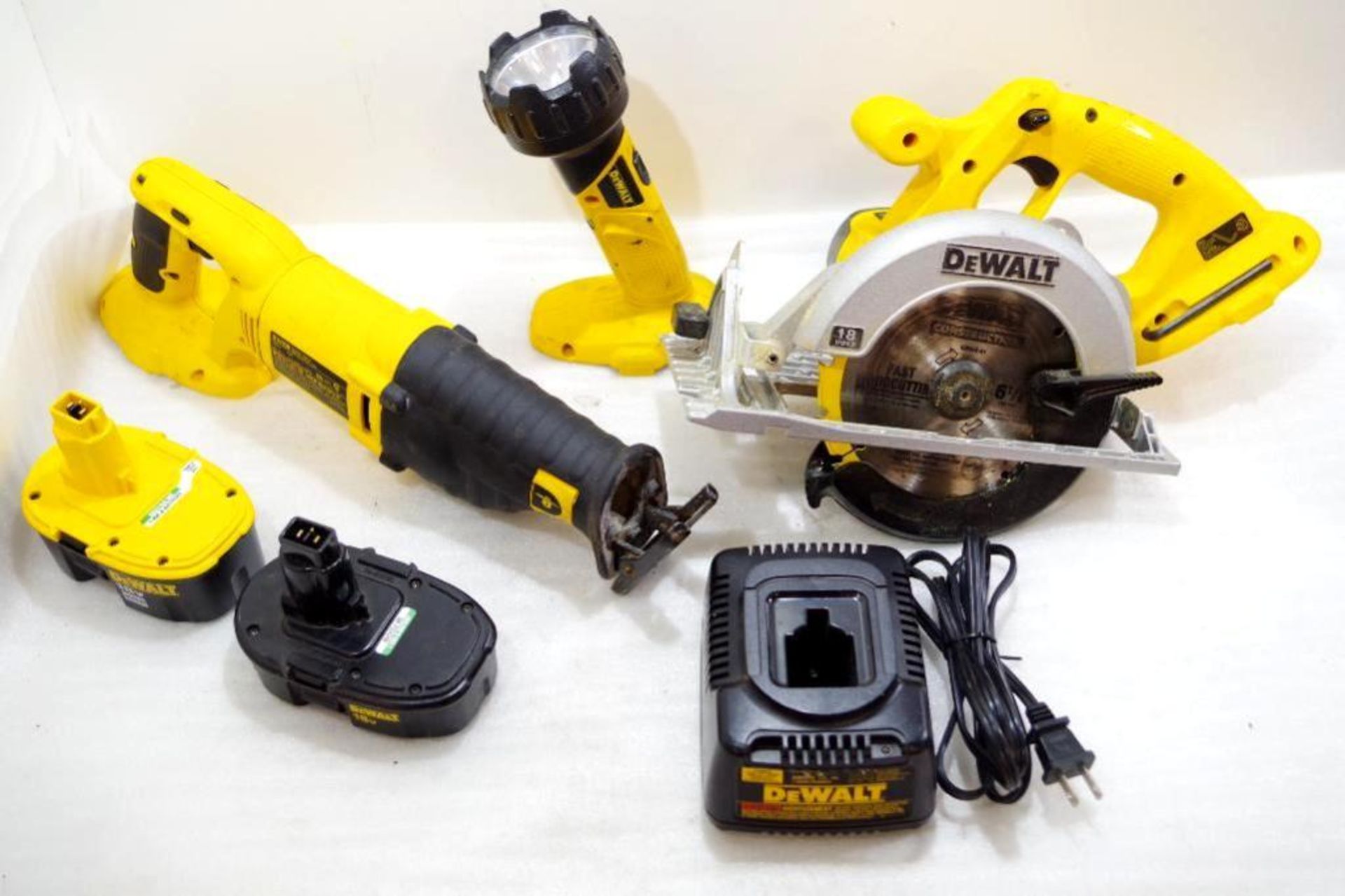 [6] DEWALT 18V Tools & Accessories: 6-1/2" Circular Saw, VS Reciprocating Saw, Flushlight, (2) Batte