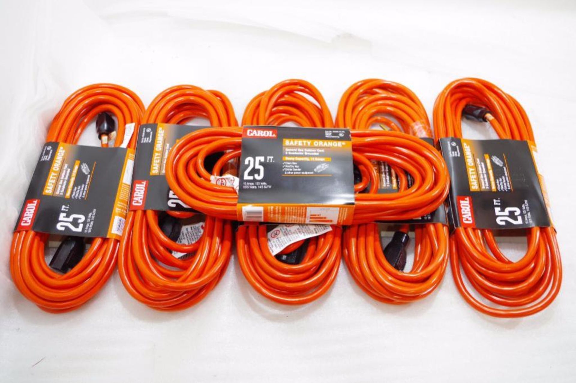 [6] UNUSED CAROL 25' Safety Orange 15A, 125V, 14 Gauge, 3-Conductor Extension Cords