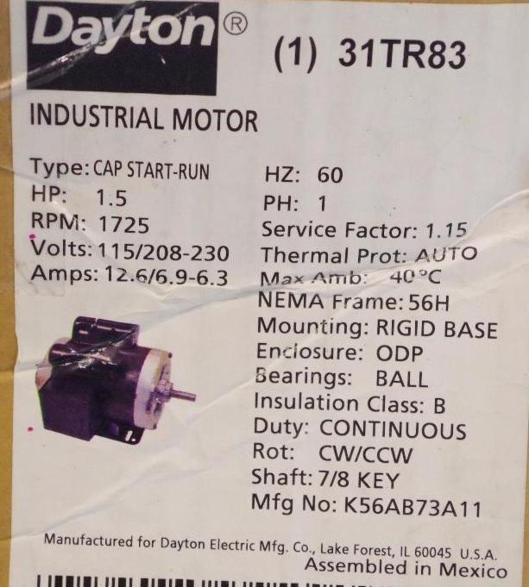 DAYTON Industrial Motor 1-1/2HP, 115/208-230V, 12.6/6.9-6.3A, M/N 31TR83 - Image 4 of 4
