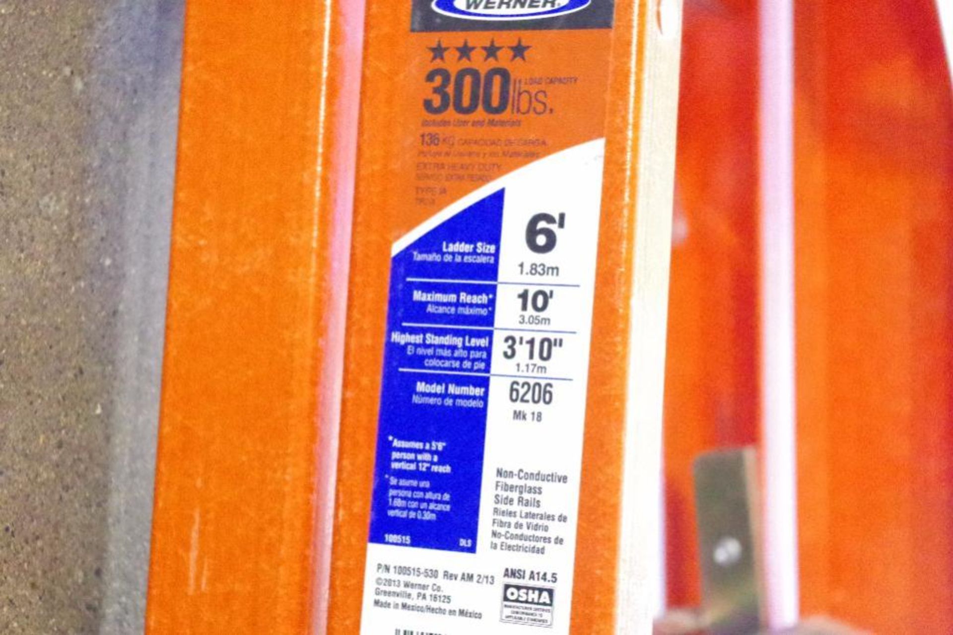 ?WERNER 6' Orange Fiberglass Ladder, 300 lb. Capacity, M/N 6200 - Image 5 of 5