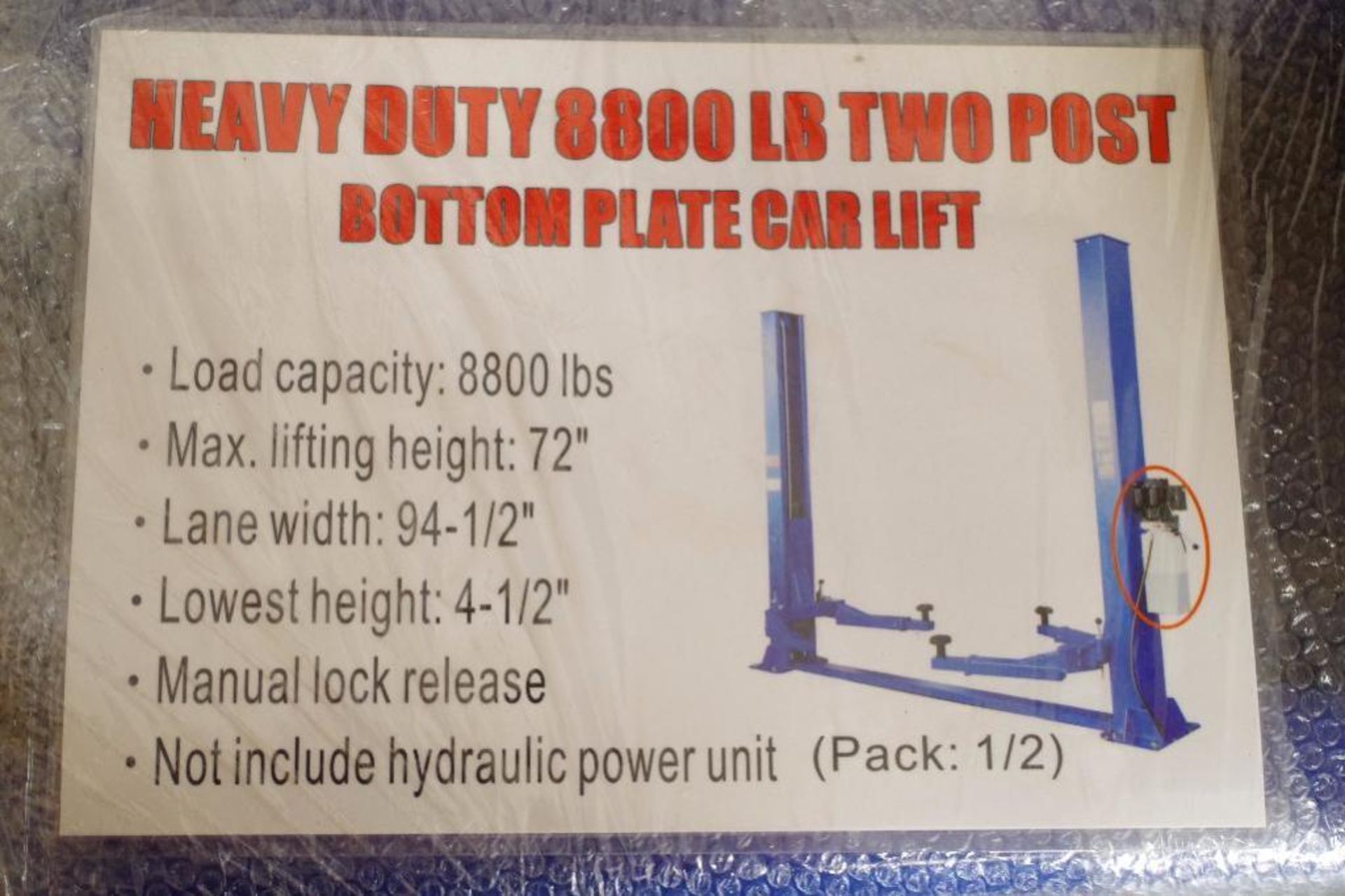 UNUSED Heavy Duty 8,800 lb. Two Post Bottom Plate Car Lift w/ Hydraulic Power Unit - Image 8 of 8