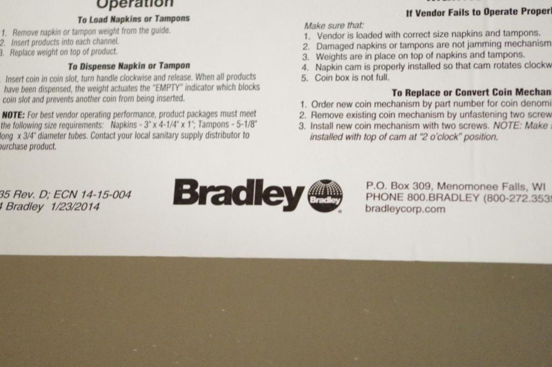 BRADLEY Satin Finish Stainless Steel Tampon/Napkin Vendor w/ keys, M/N 407 - Image 5 of 5