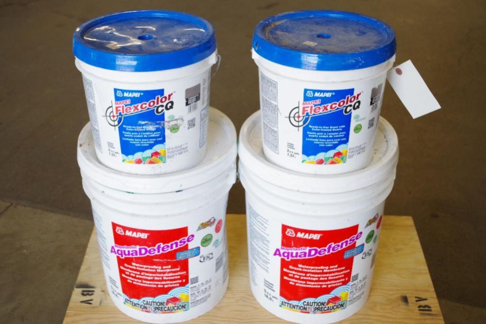 [4] MAPEI Containers: (2) Aquadefense 5-Gal. Buckets & (2) Beige Flexcolor 2-Gal. Buckets
