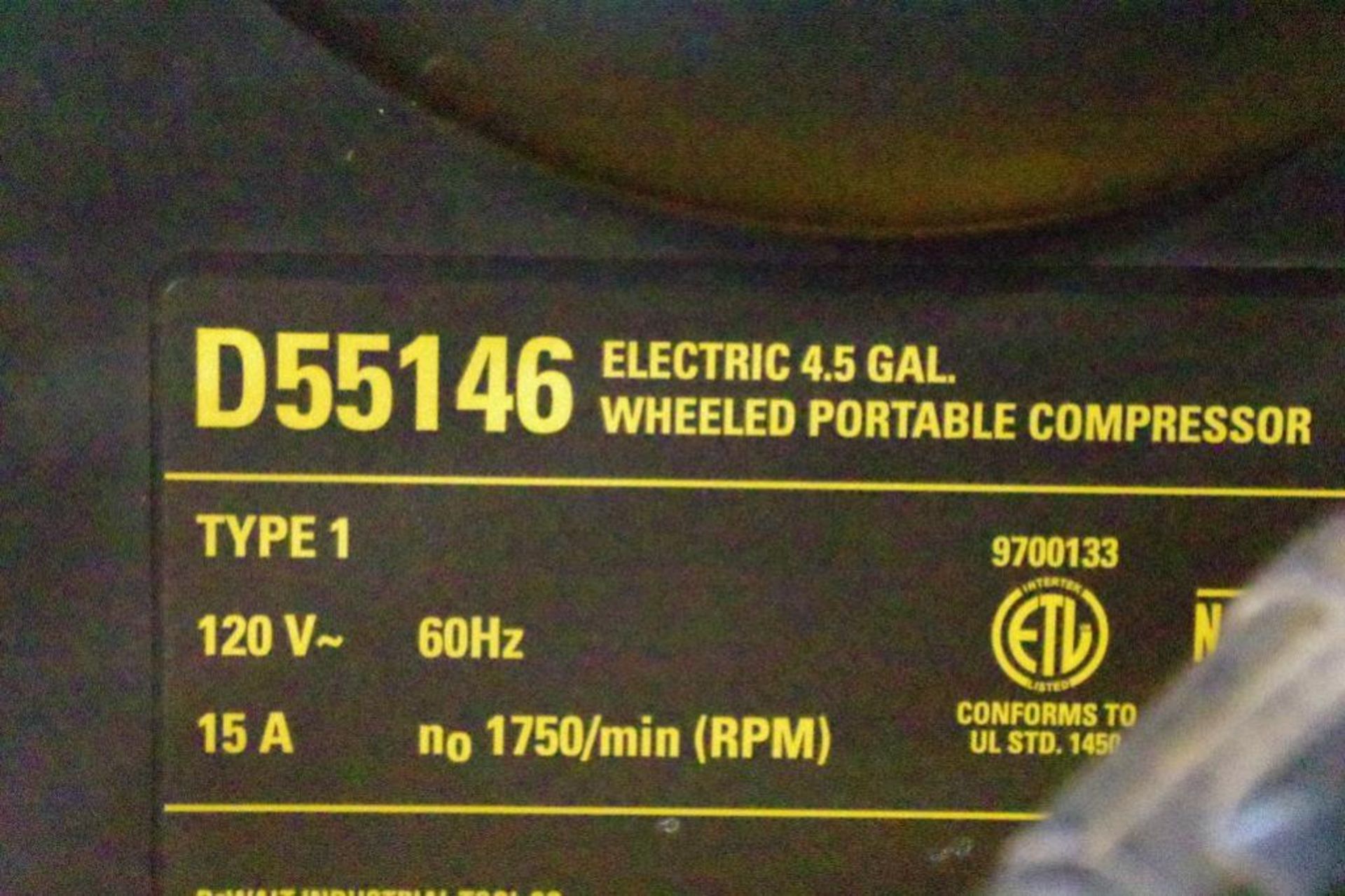 DEWALT 4-1/2-Gallon, 120V, Wheeled Portable Compressor, M/N D55146 (Condition Unknown) - Image 3 of 7