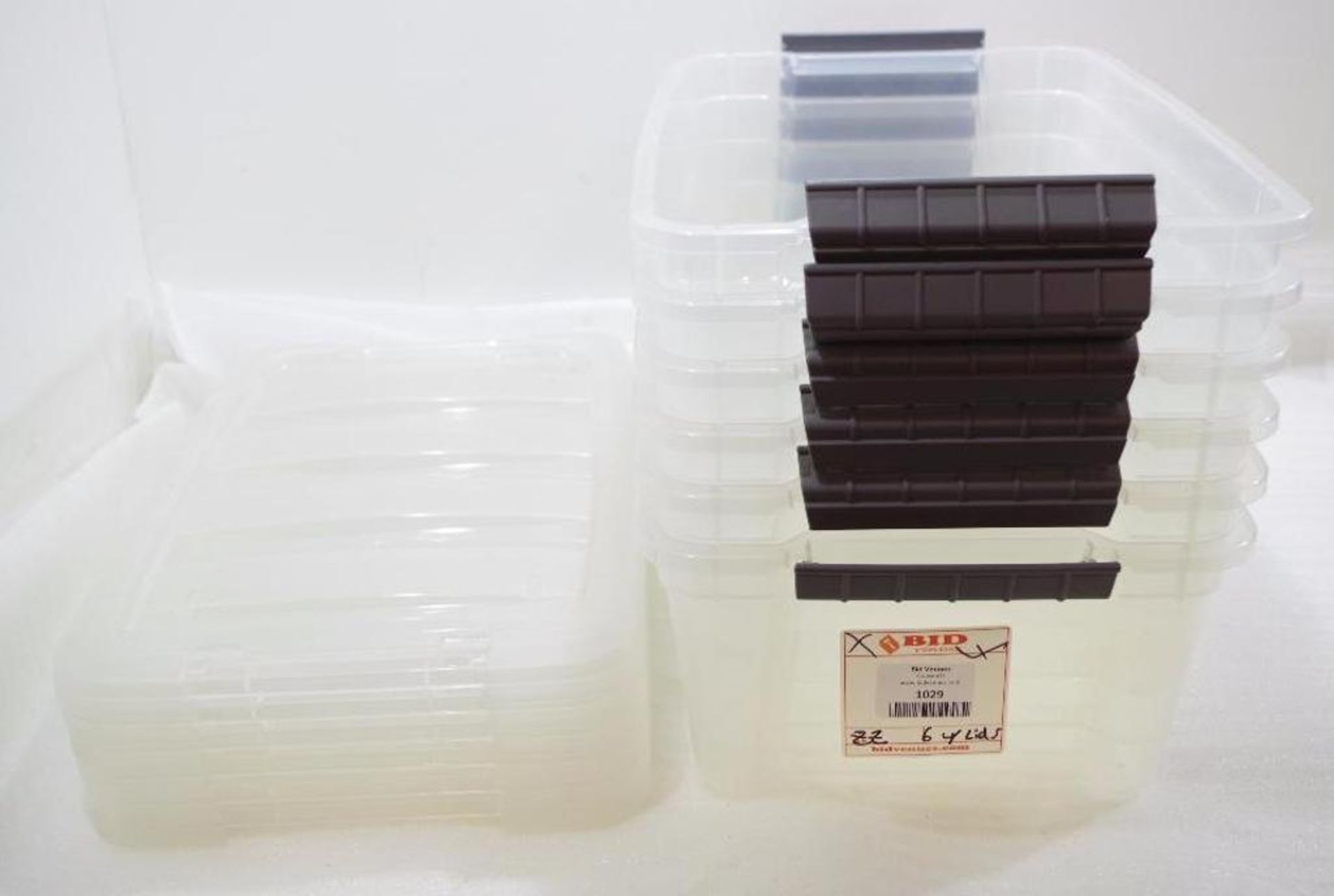 [6] Clear Plastic Storage Bins w/ Lids, Approx. 16" x 10-1/2" x 6"H