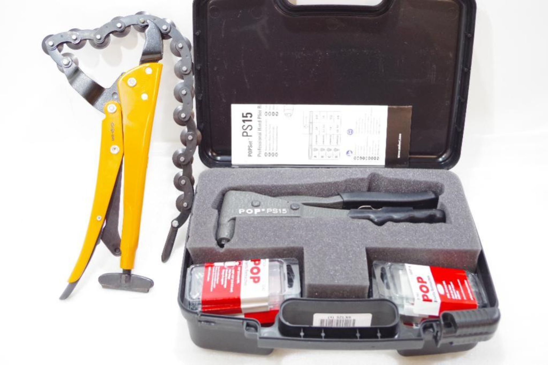 GRIP-ON 12" Chain Pipe Cutter & STANLEY Pop Set Manual Rivet Tool Kit