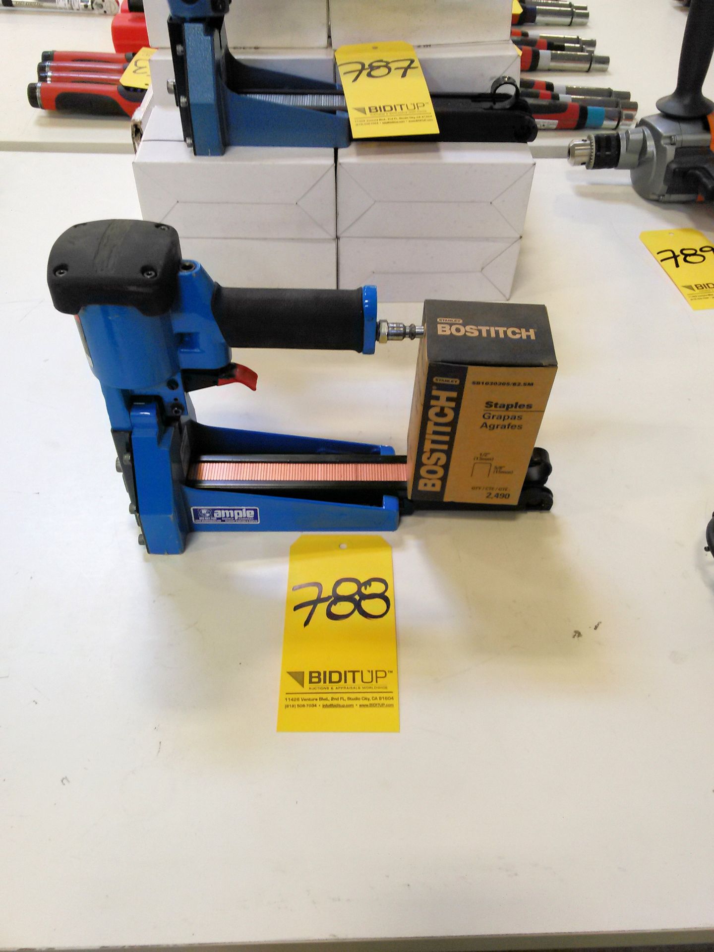 AMPLE Pneumatic Box Stapler Gun with (1) Box of Bostitch Staples, (Bldg 2)