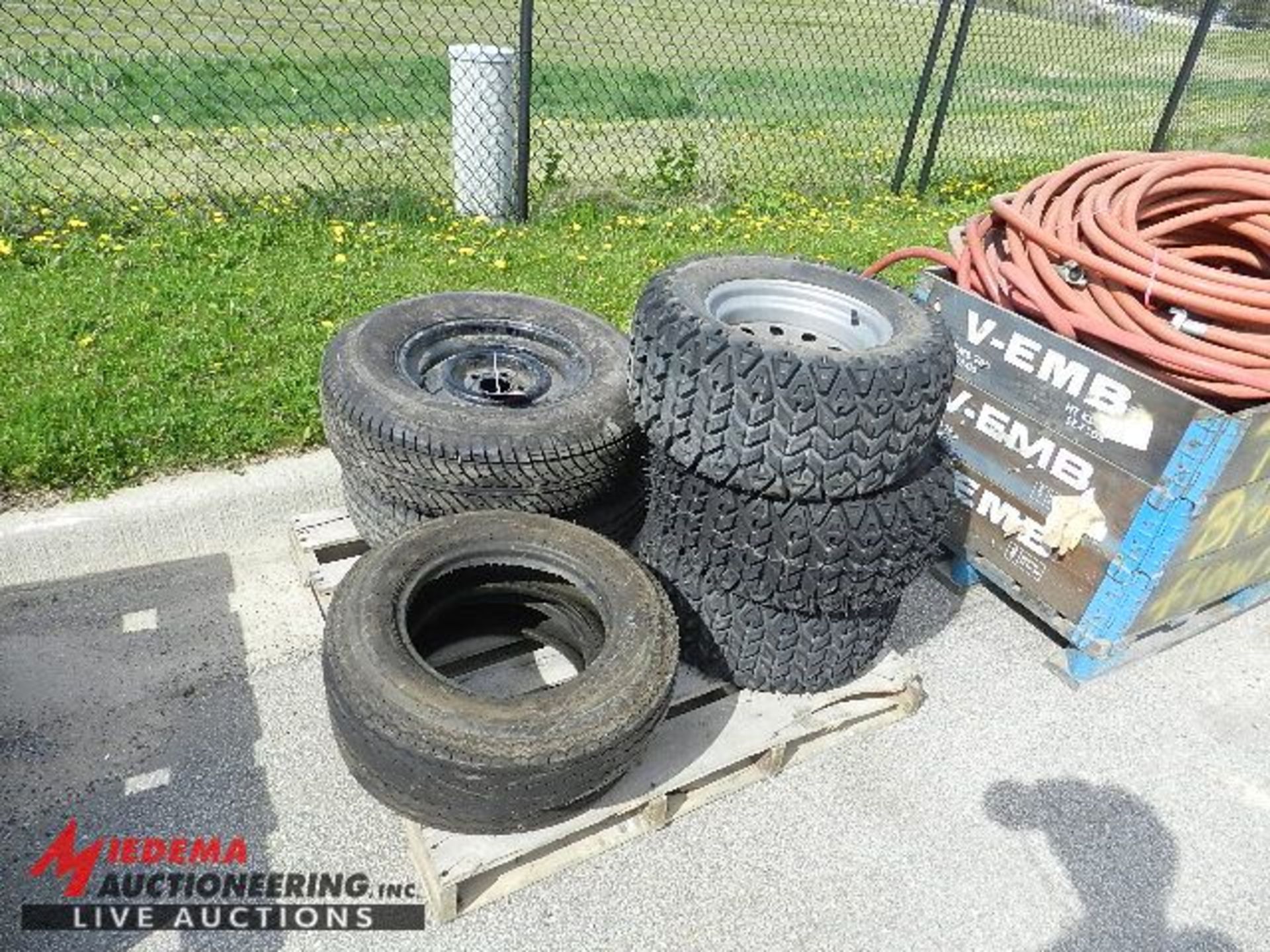 (2) TRAILER TIRES AND RIMS ST225/75R15, 5 LUG, (2) TOWMASTER ST17580D13 TIRES, (3) CARLISLE 23X10.