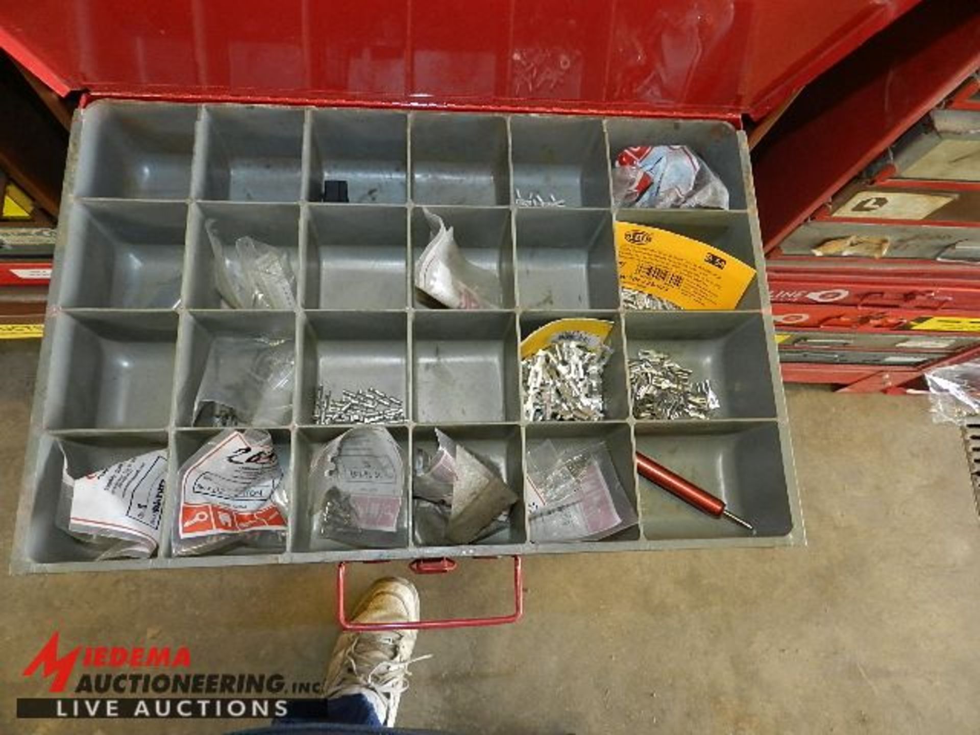 4 DRAWER PARTS BIN ORGANIZERS WITH ASSORTED ITEMS, INCLUDES WING NUTS, COTTER PINS, RIVETS, AIR - Bild 3 aus 4