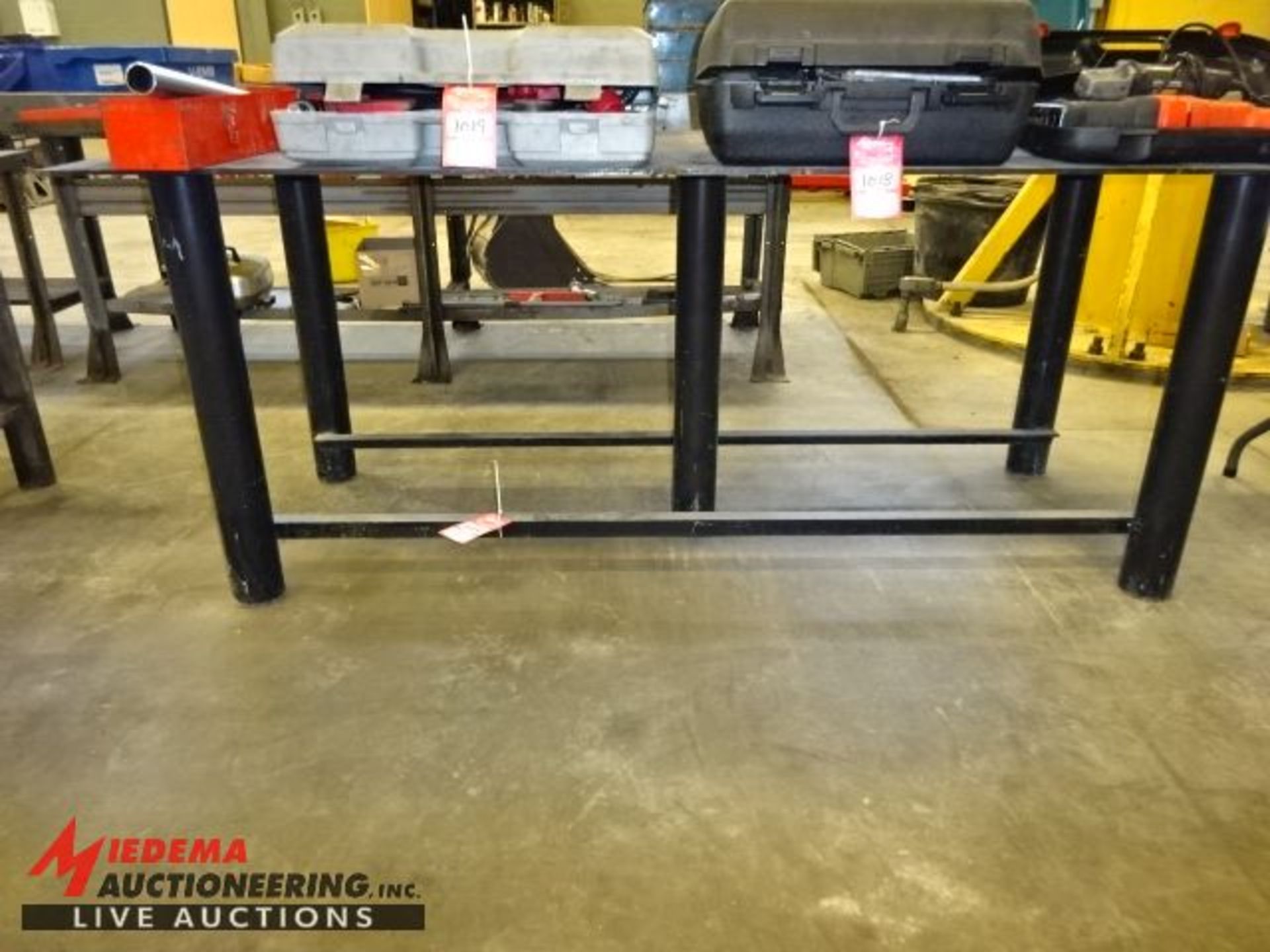(1)HEAVY DUTY WELDING TABLE, APPROX 7' LONG, 36'' DEEP, 33 1/2'' TALL AND (1) STEEL WORK TABLE 6'
