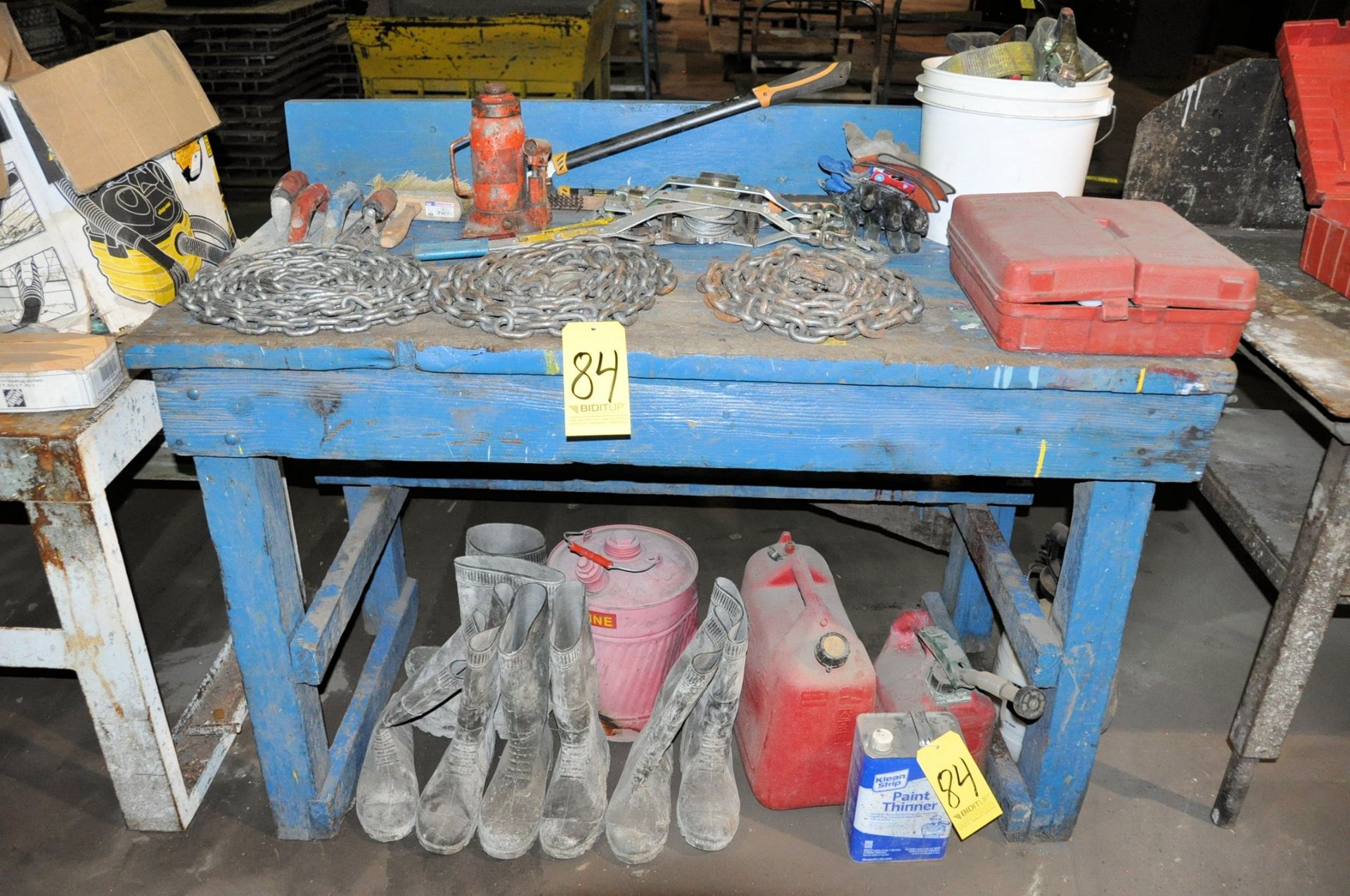 Lot-Com-A-Longs, Bottle Jack, Cement Tools, Chains, Ratchet Straps, Spray Gun, Boots and Fuel Cans