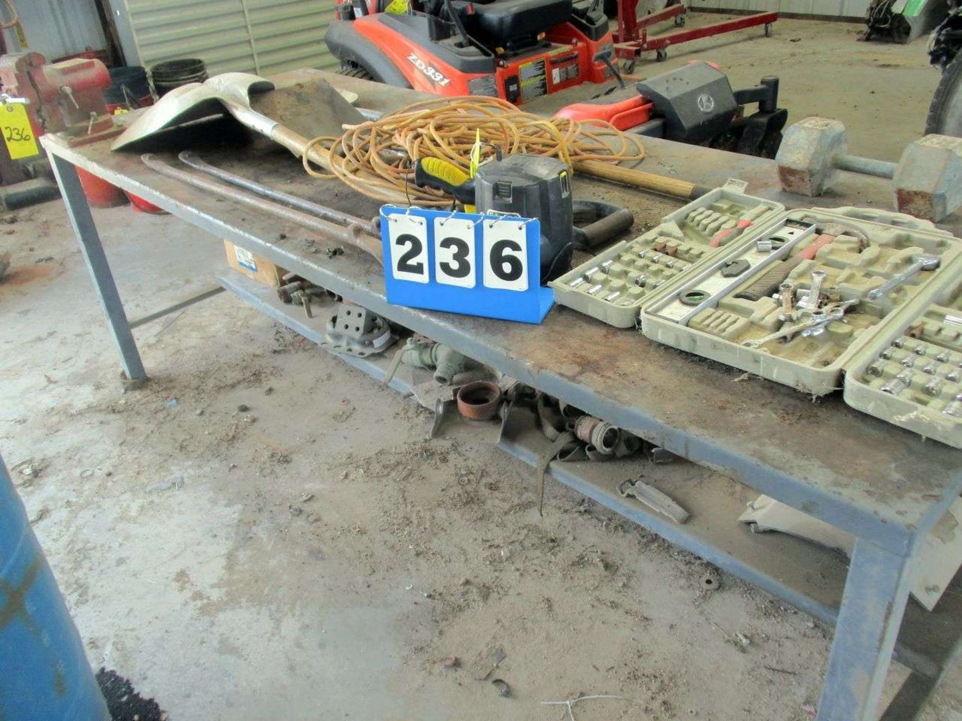 STEEL WORK BENCH/TABLE WITH CONTENTS