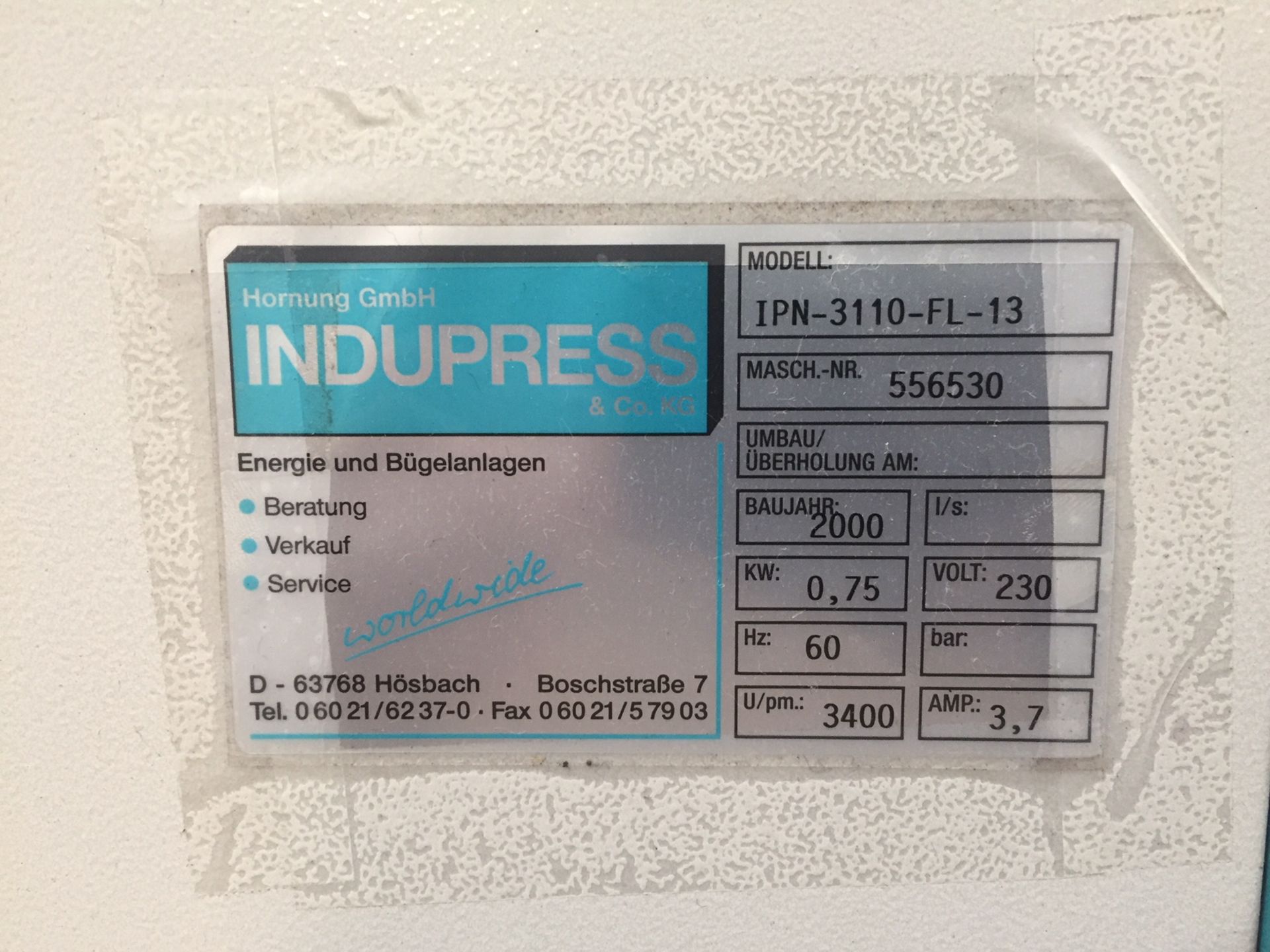 (2000) Indupress Pressing Table, Model IPN-3110-FL-13 - Image 2 of 2