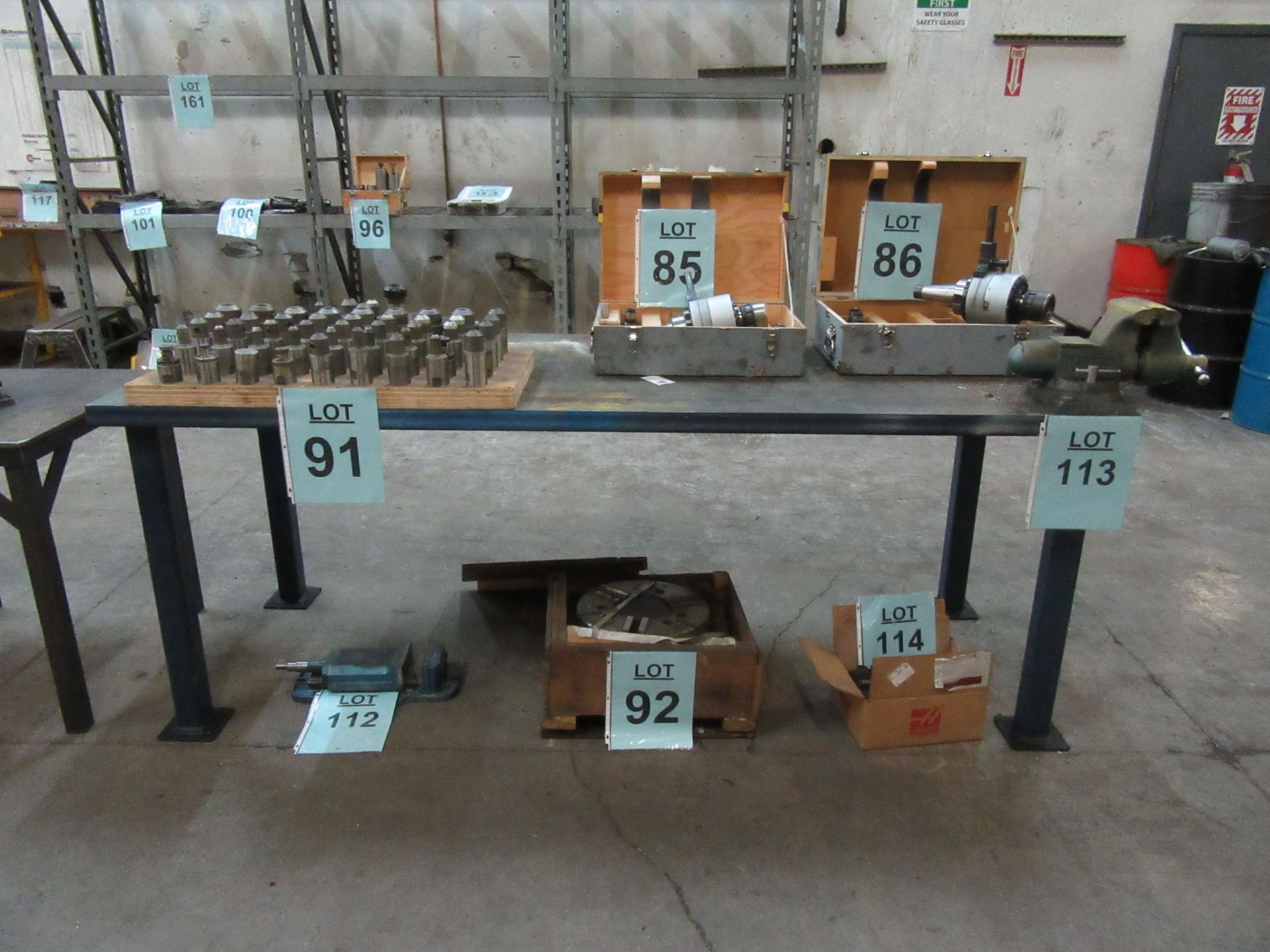 6 1/2'' MACHINE VISE WITH METAL TABLE, 8'FT LONG , 3'FT WIDE, 36 1/2'' HIGH