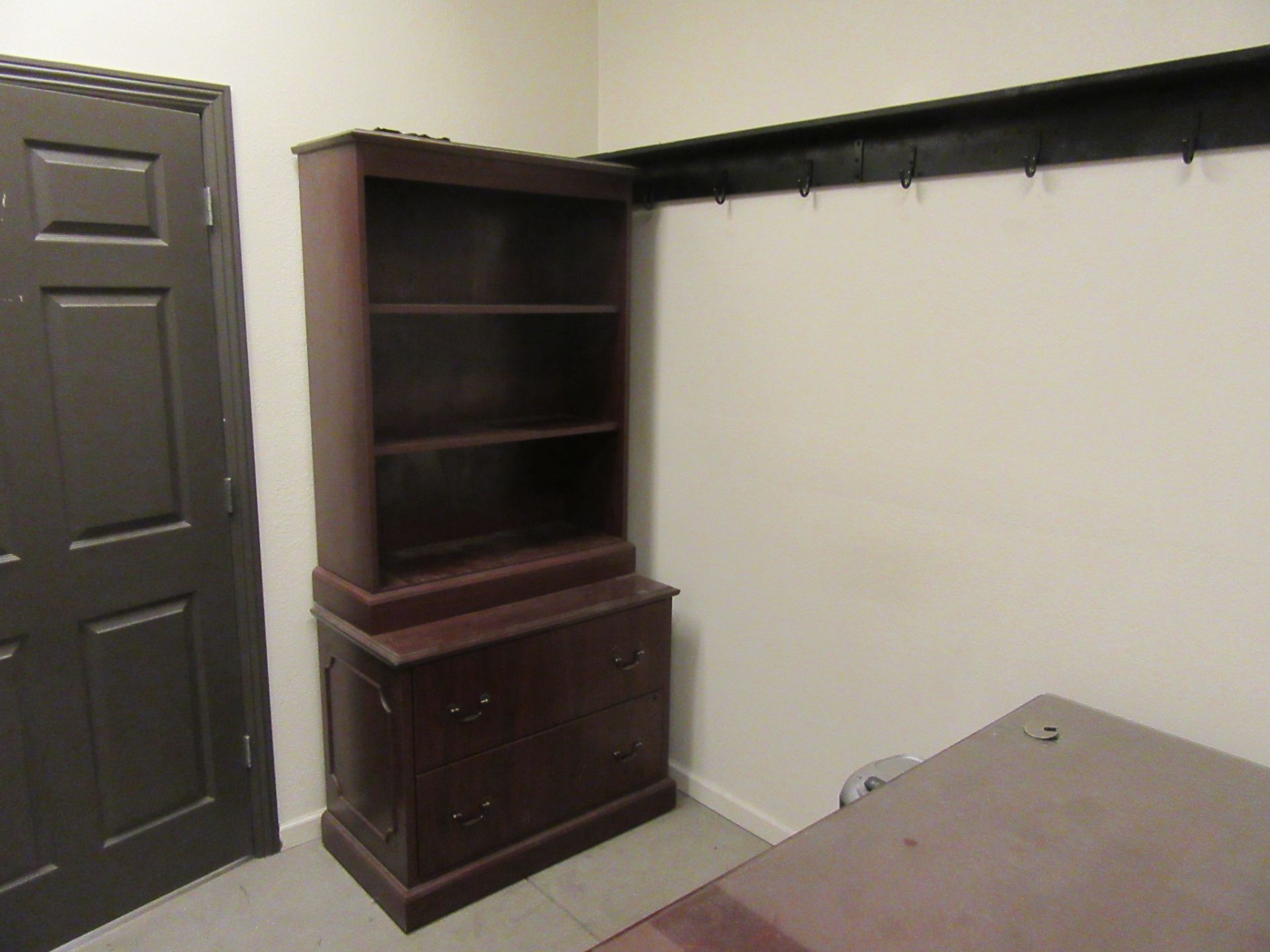WOOD DESK, CHAIR, 2 DRAWER LATERAL FILE, BOOKCASE, (3) 4 DRAWER FILE CABINETS AND PICTURE FRAME - Image 2 of 3