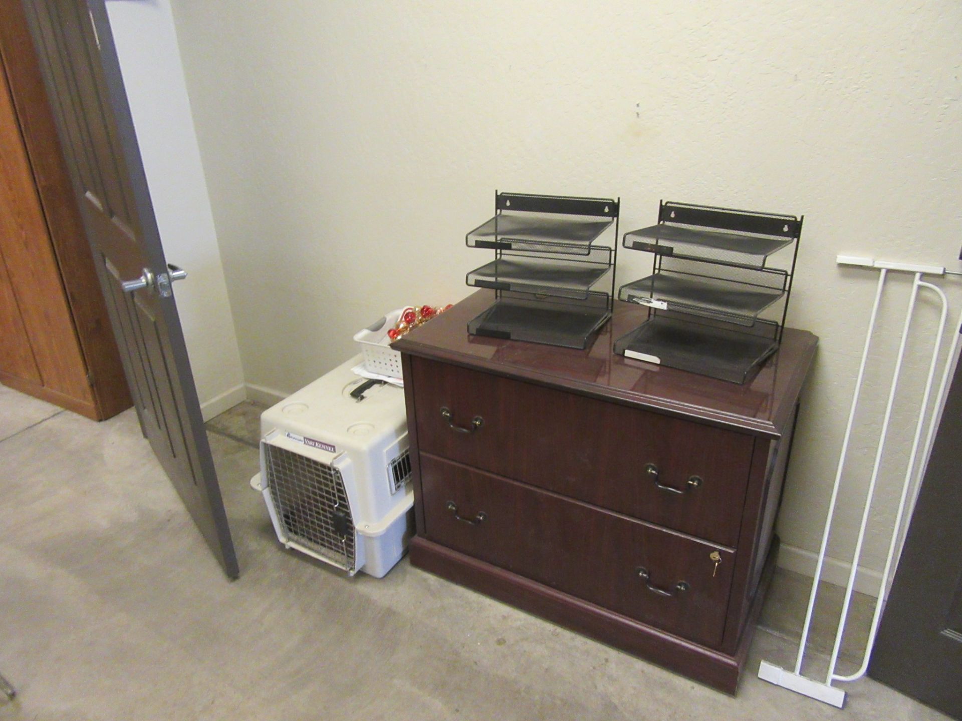 WOOD DESK WITH RIGHT RETURN, CHAIR, 2 DRAWER LATERAL FILE, SMALL PETS CAGE, SMALL FANS - Image 2 of 2