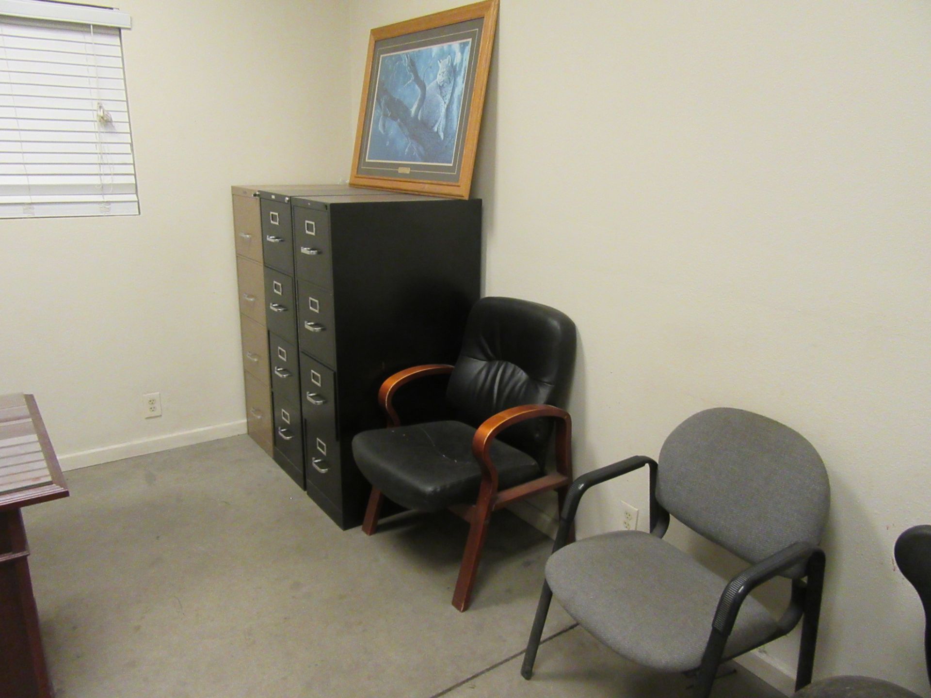 WOOD DESK, CHAIR, 2 DRAWER LATERAL FILE, BOOKCASE, (3) 4 DRAWER FILE CABINETS AND PICTURE FRAME - Image 3 of 3