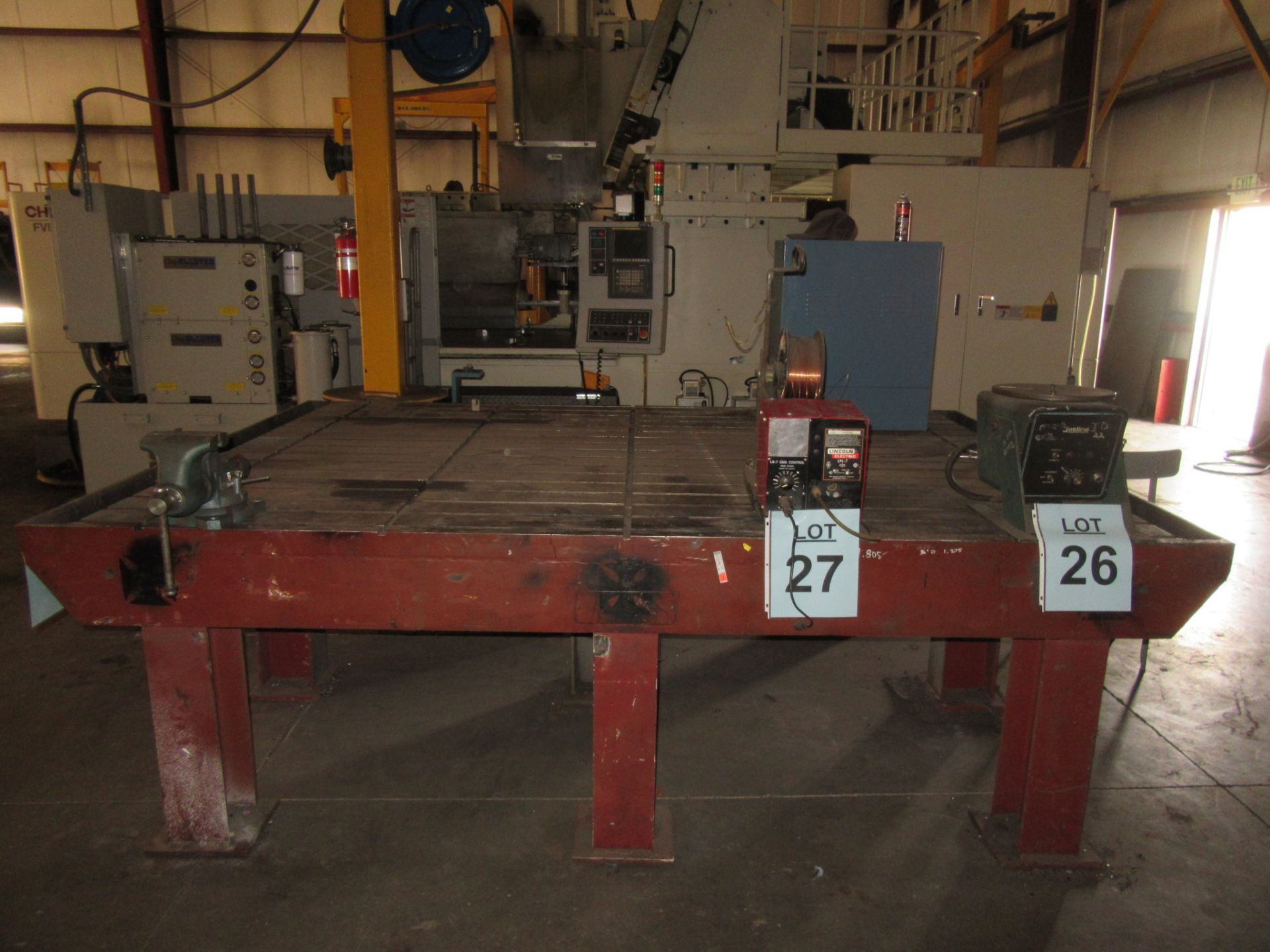 HEAVY DUTY MILLING MACHINE TABLE WITH VISE, 7' W X 10' L X 37'' HIGH, (BACK BUILDING)