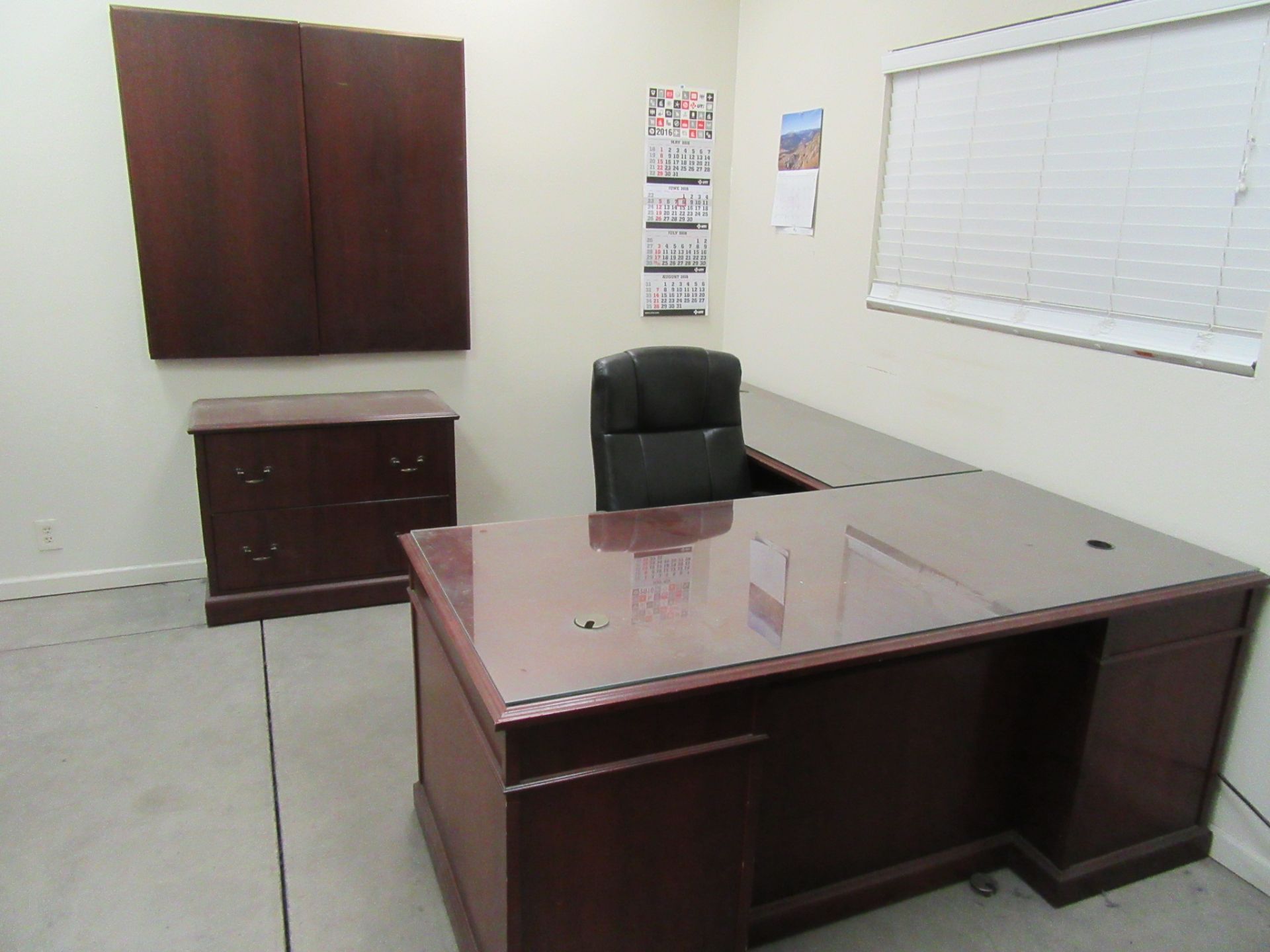 WOOD DESK WITH LEFT RETURN, 2 DRAWER LATERAL FILE, BOOKCASE, CABINET ENCLOSED WHITEBOARD FRAME
