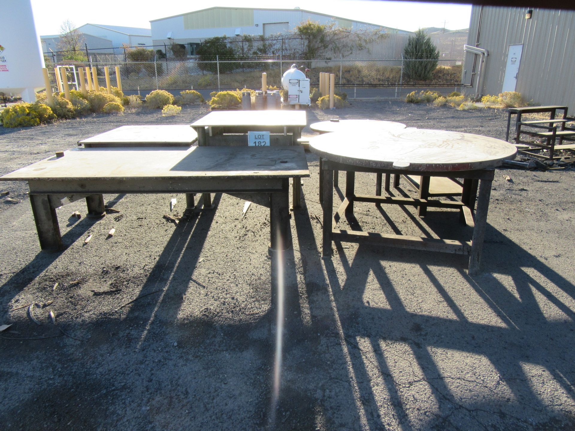 LOT (5) METAL TABLES, (1) 4' W X 4' L X 30'' HIGH, (1) 4' W X 4' L X 37'' HIGH, (1) 50'' W X 97''