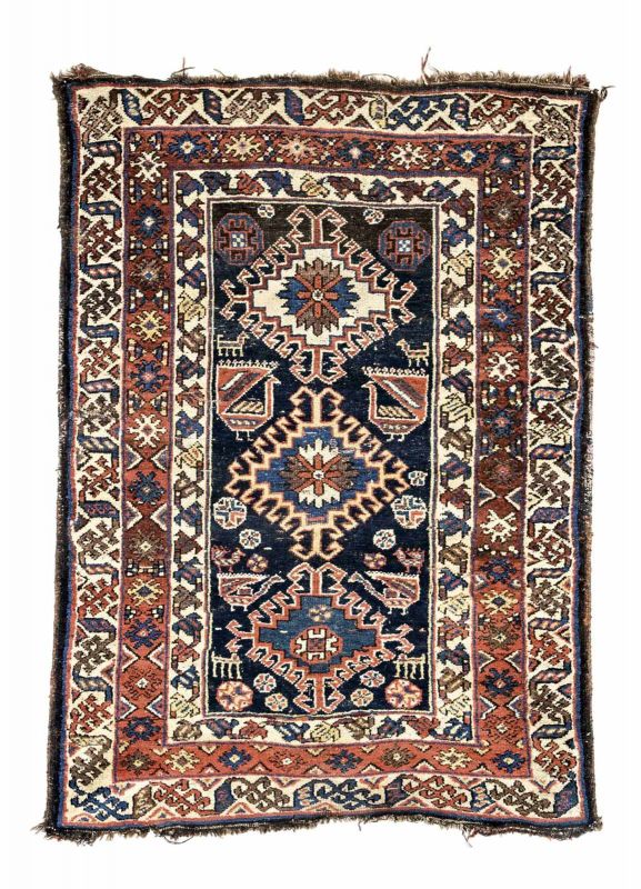 Persisch-Afshar-Teppich um 1900, Ghiordes-Knoten, abgenutzt, beschädigt, mangelt, 136*100 cm