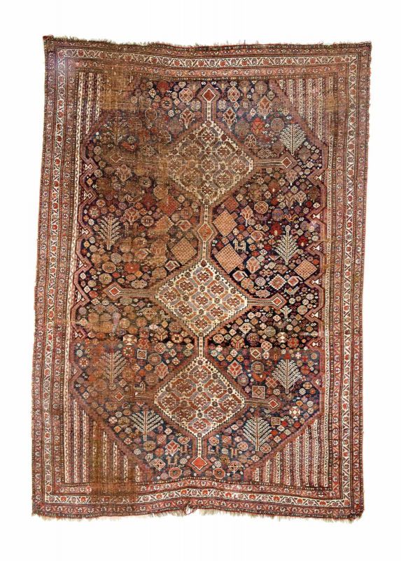 Persisch-Shiraz-Teppich um 1900, Senneh-Knoten, abgenutzt, beschädigt, mangelt, 264*182 cm Persian-