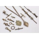 Pocket watch related items, to include medallions, keys, loops, chains, etc, (qty)