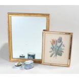 Gilt framed mirror, together with a flower print and a Chinese enamel pot and lid, (3)