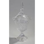 Impressive cut glass lidded jar etched with fruit and leaves. 40cm high