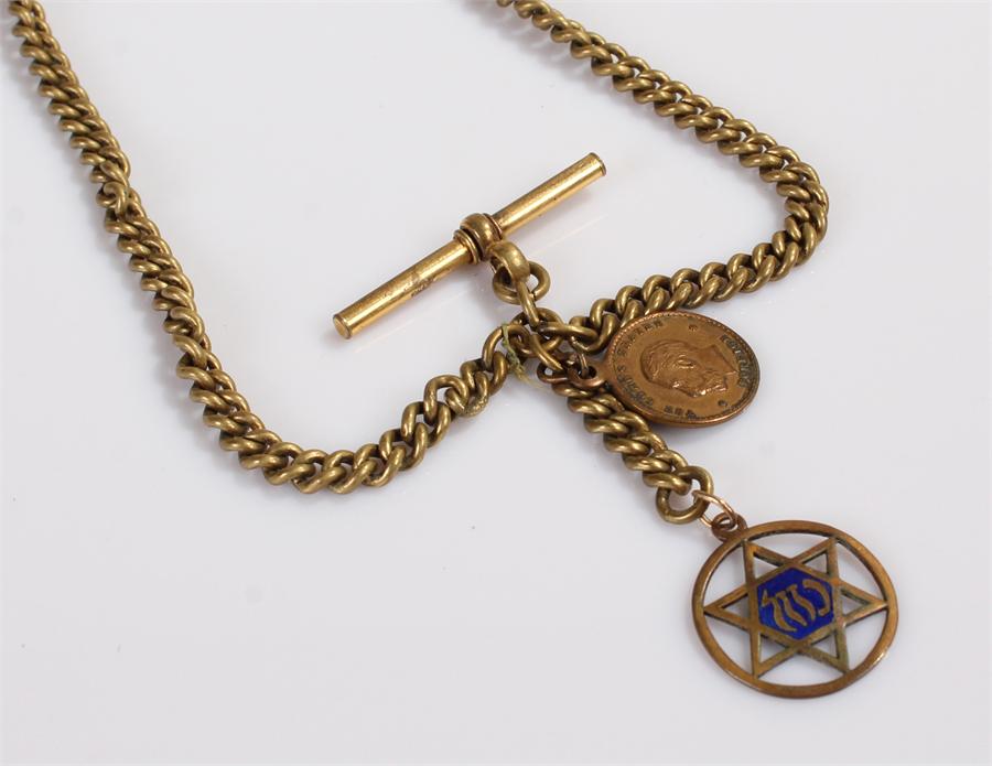 Gold plated pocket watch chain, with T bar, clips and medallions