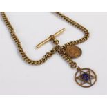 Gold plated pocket watch chain, with T bar, clips and medallions