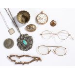 Mixed objects, to include a St Christopher medallion, two pairs of spectacles, a large Egyptian