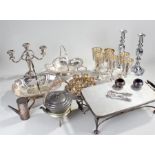 Collection of silver plate to include an egg cruet, candlesticks, six goblets, two baskets,