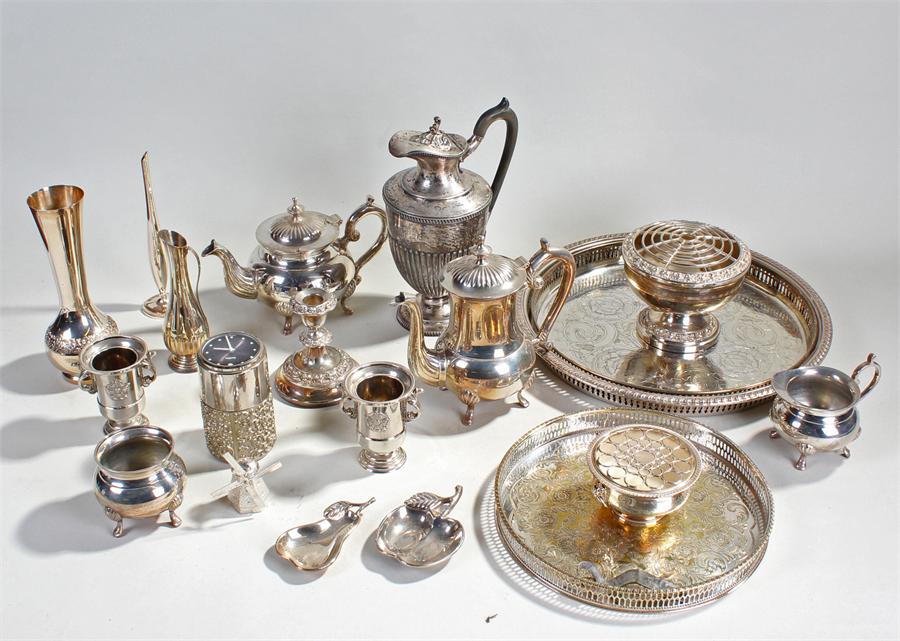 Collection of silver plated wares including three trays and a tea set (qty)