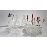 Miscellaneous lot of Glass ware to include five lidded bowls on a tray, Claret jug, two decanters, a