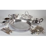 Plated ware to include tea set, tea pot,dish, tray and flatware. (qty)