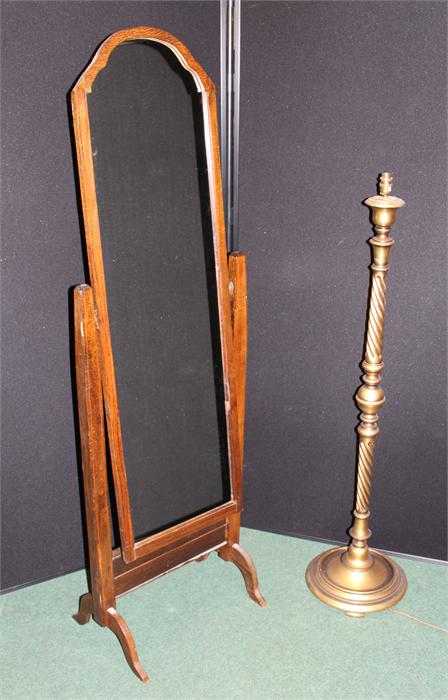 Gilt wood standard lamp, together with a cheval mirror, (2)