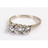 18 carat white gold ring, set with three stones, ring size P 1/2