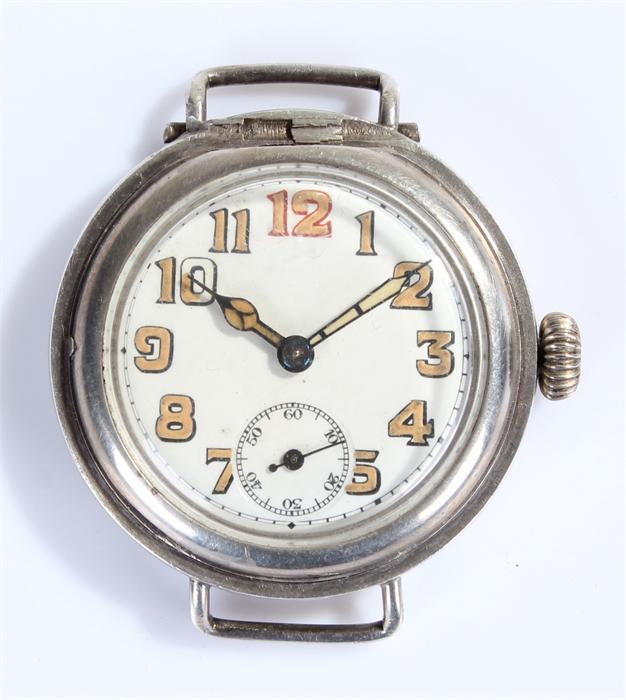 Silver Trench Watch, the case front missing, with Arabic hours, manual wound, case 37mm diameter