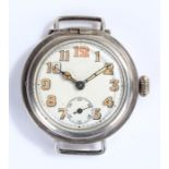 Silver Trench Watch, the case front missing, with Arabic hours, manual wound, case 37mm diameter