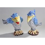 Lorna Bailey birds, pair of rare trial colour bird figures, with blue backs, yellow beaks and