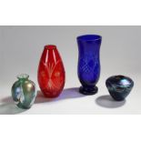 Glass, to include two art glass vases, signed to the base, a cut glass red vase and a cut glass blue